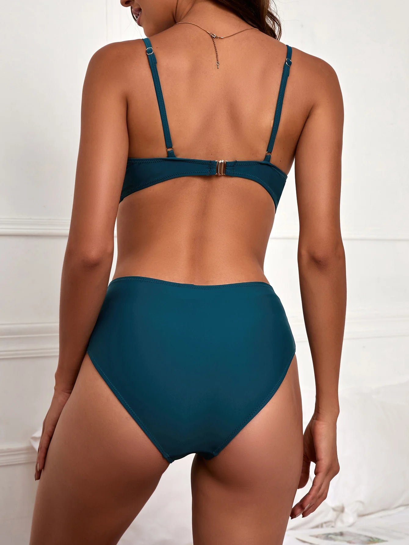women's sexy solid color swimsuit deep V neck swimwear female monokini high waist bikini set two piece bathing suit set