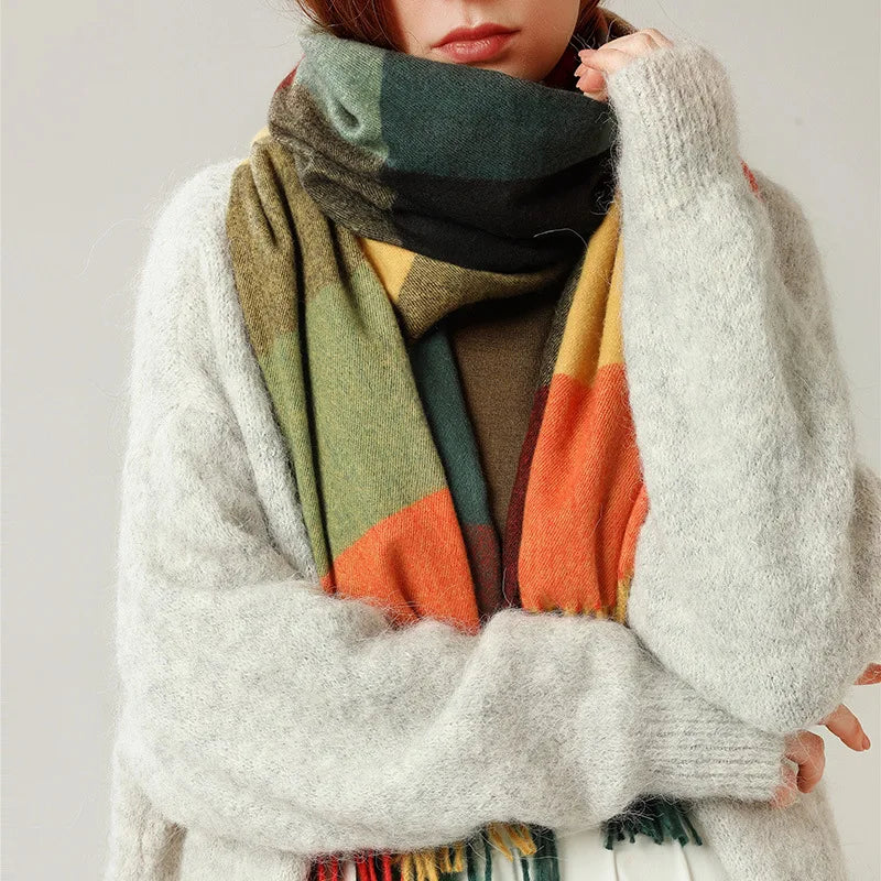 Women's Checkered Shawl Scarf – Soft & Warm Cashmere | 14 Colors