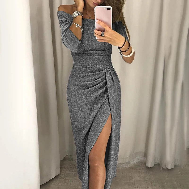 Fashion Elegant Lady Evening Party Dresses 2026 Autumn Women's Clothing Off Shoulder High Waist Sexy Club Slash Neck Midi Dress
