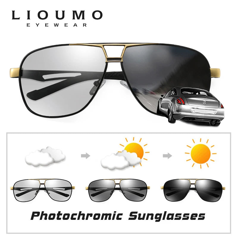 Lunettes de soleil polarisées photochromiques LIOUMO – Monture carrée rétro en aluminium UV400 unisexe