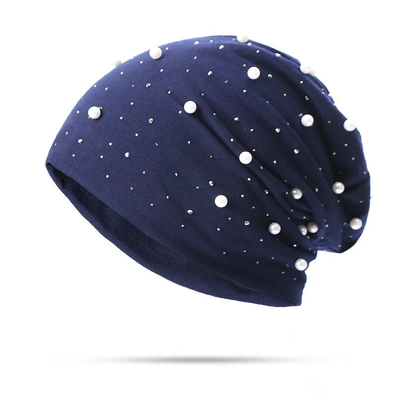 Women's Cotton Beanie – Pearls & Rhinestones, Soft, Casual Chic Spring-Autumn