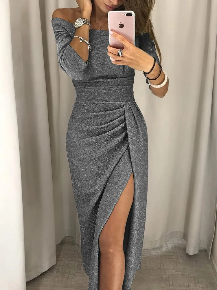 Fashion Elegant Lady Evening Party Dresses 2026 Autumn Women's Clothing Off Shoulder High Waist Sexy Club Slash Neck Midi Dress