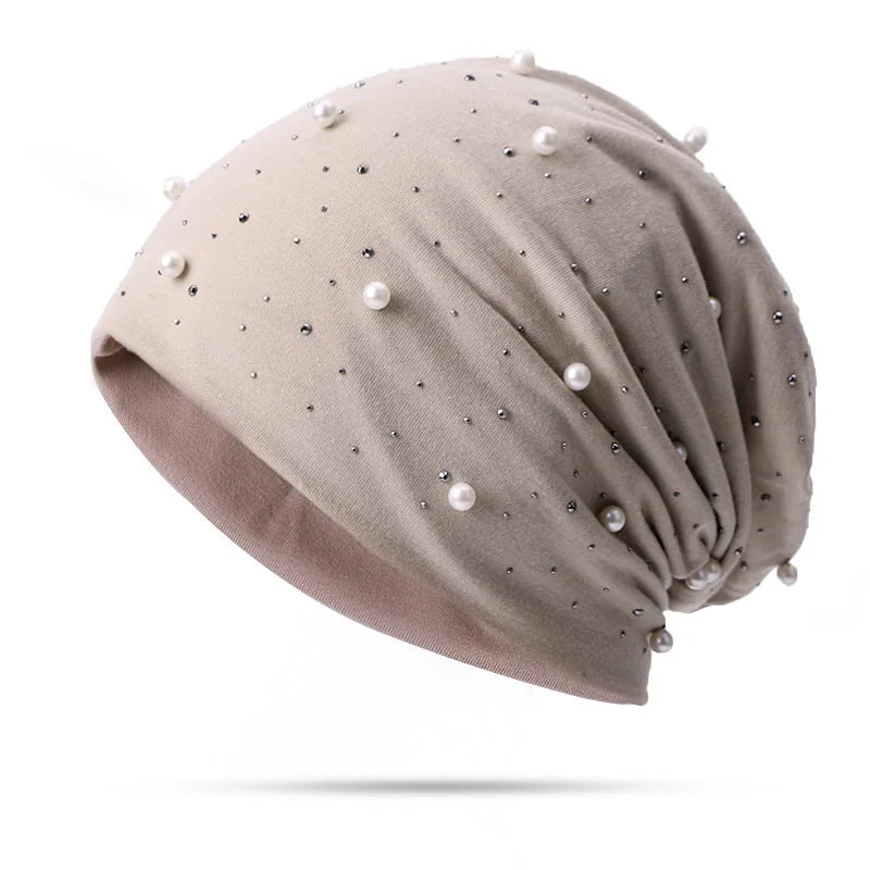 Women's Cotton Beanie – Pearls & Rhinestones, Soft, Casual Chic Spring-Autumn