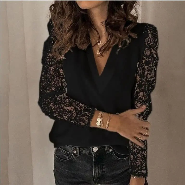 Women Shirt Blouse Spring Summer V-neck Lace Hollow Out Top  Embroidery Long Sleeve Patchwork Shirt Plus Size Feminino