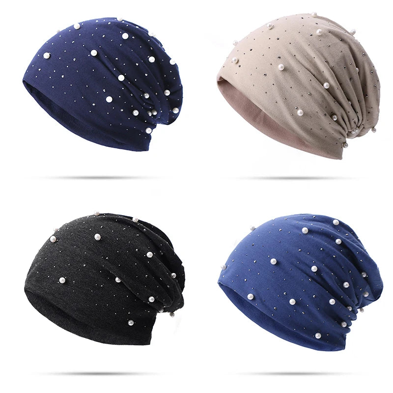 Women's Cotton Beanie – Pearls & Rhinestones, Soft, Casual Chic Spring-Autumn