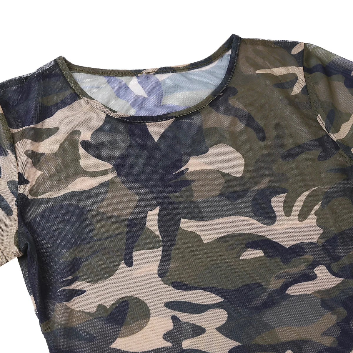 Women Short Sleeve Camouflage Sheer Side Slit Mesh Transparent Mini Dress Bodycon Slim Fit SeeThrough Clubwear Night Party Dress