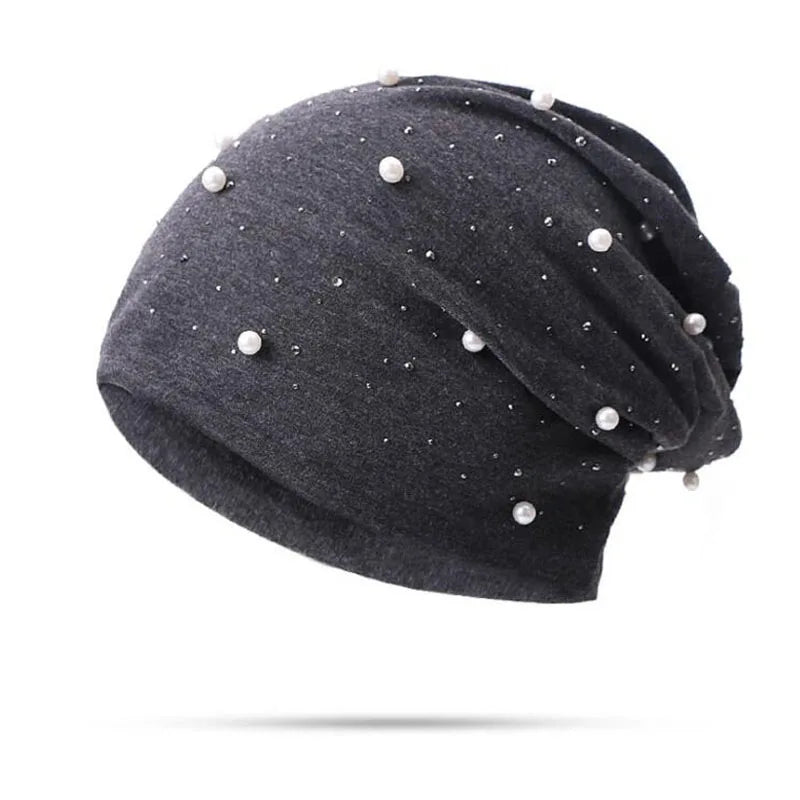 Women's Cotton Beanie – Pearls & Rhinestones, Soft, Casual Chic Spring-Autumn