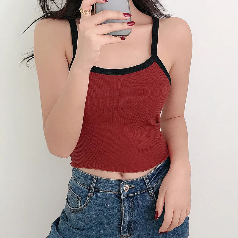Summer New Fashion Contrast Color Tank Top Women Casual Fitness Clothing Off Shoulder Strapless Crop Top Camisole