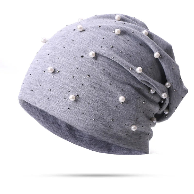 Women's Cotton Beanie – Pearls & Rhinestones, Soft, Casual Chic Spring-Autumn
