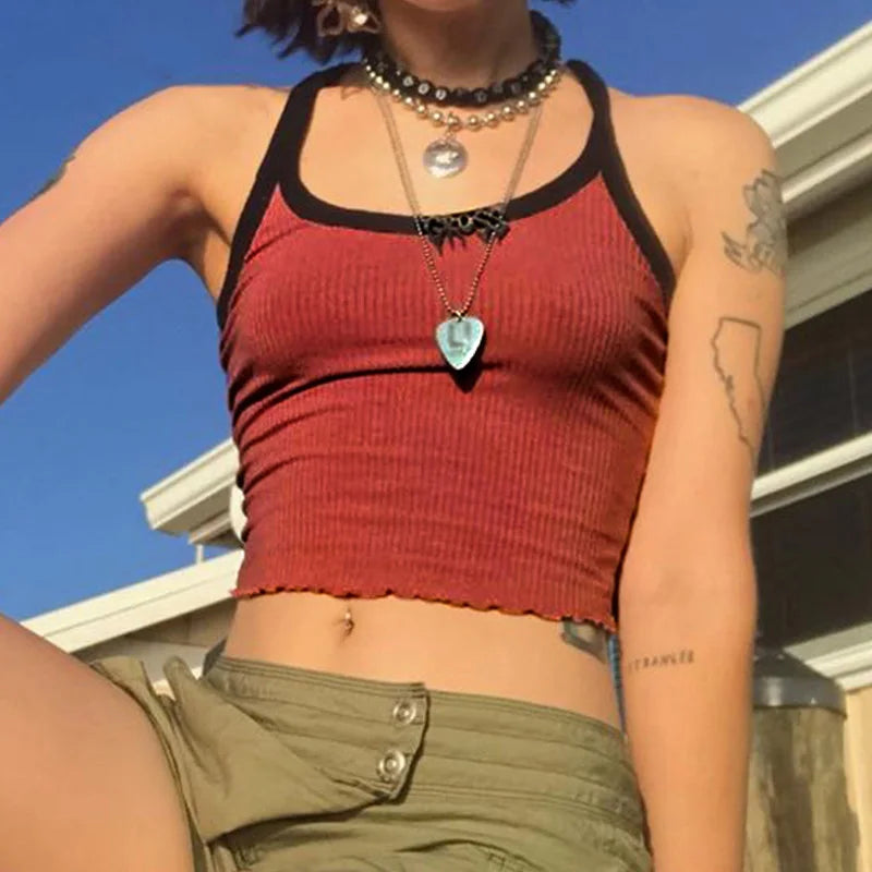 Summer New Fashion Contrast Color Tank Top Women Casual Fitness Clothing Off Shoulder Strapless Crop Top Camisole