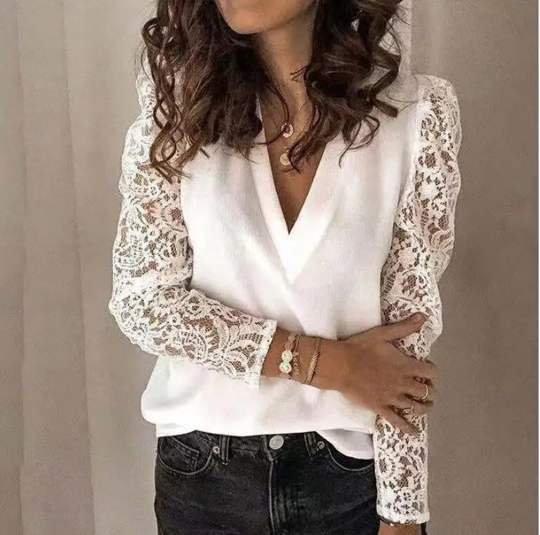 Women Shirt Blouse Spring Summer V-neck Lace Hollow Out Top  Embroidery Long Sleeve Patchwork Shirt Plus Size Feminino