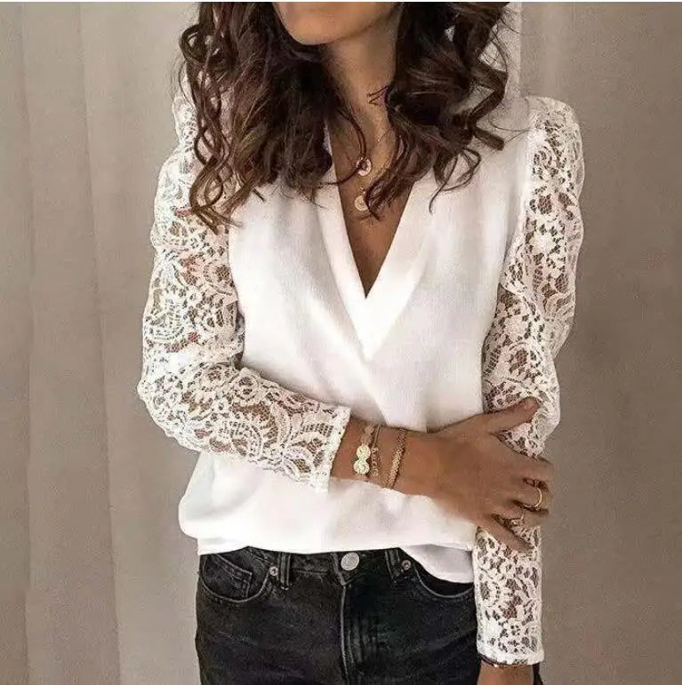Women Shirt Blouse Spring Summer V-neck Lace Hollow Out Top  Embroidery Long Sleeve Patchwork Shirt Plus Size Feminino