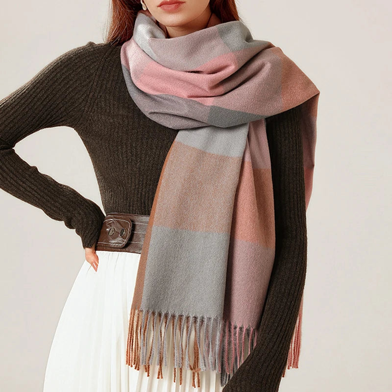 Women's Checkered Shawl Scarf – Soft & Warm Cashmere | 14 Colors