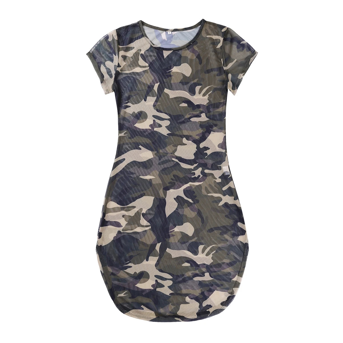 Women Short Sleeve Camouflage Sheer Side Slit Mesh Transparent Mini Dress Bodycon Slim Fit SeeThrough Clubwear Night Party Dress