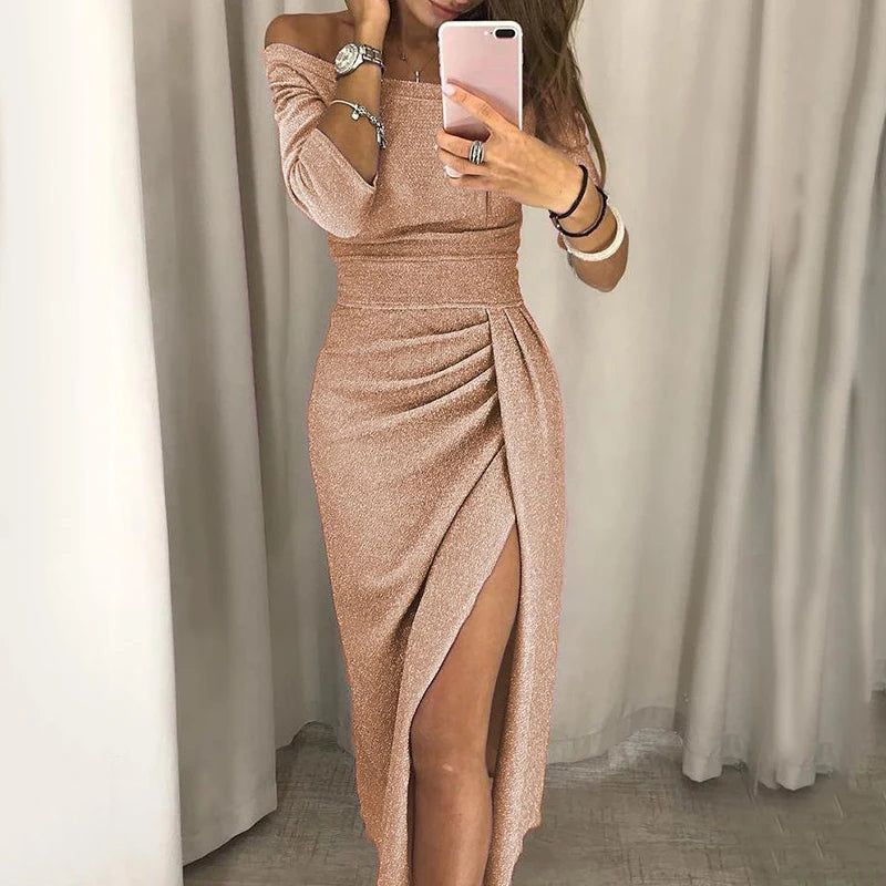 Fashion Elegant Lady Evening Party Dresses 2026 Autumn Women's Clothing Off Shoulder High Waist Sexy Club Slash Neck Midi Dress