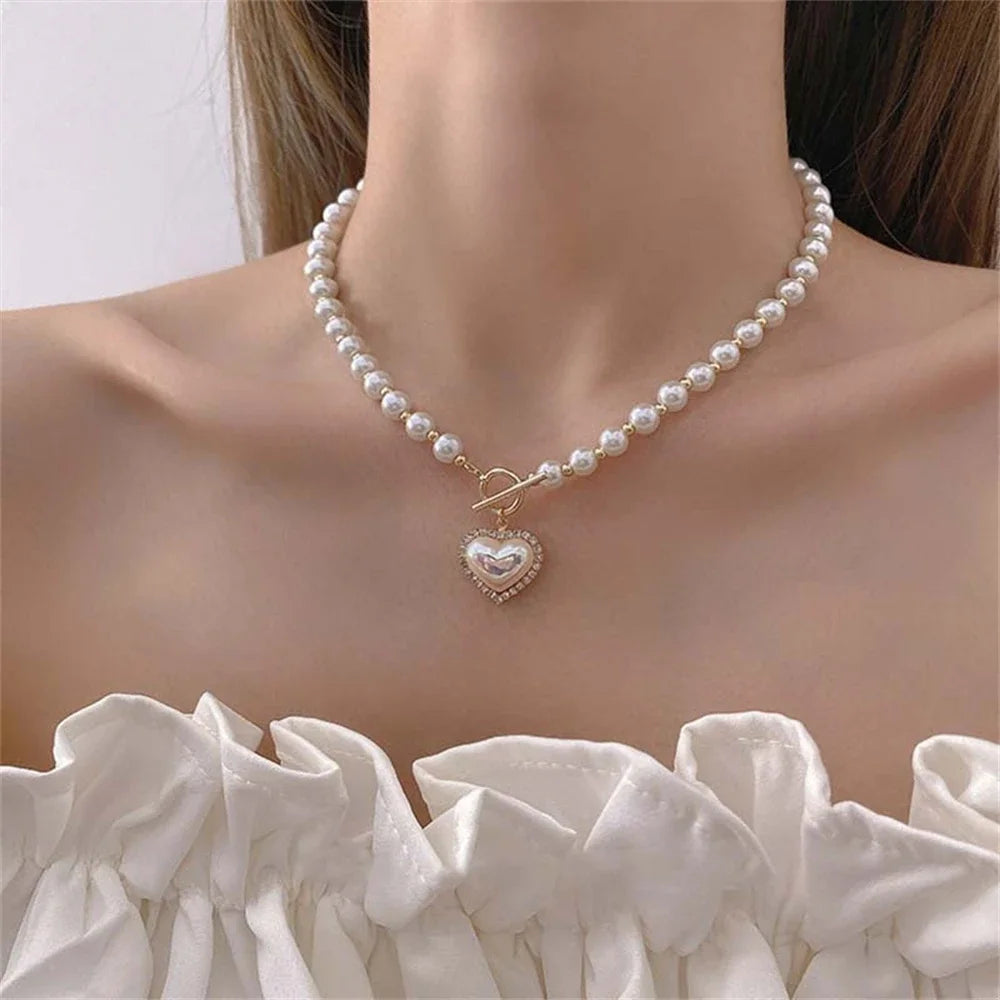 Gold Plated Heart & Pearl Pendant Necklace – Korean Style Y2K Kawaii | Women's Jewelry
