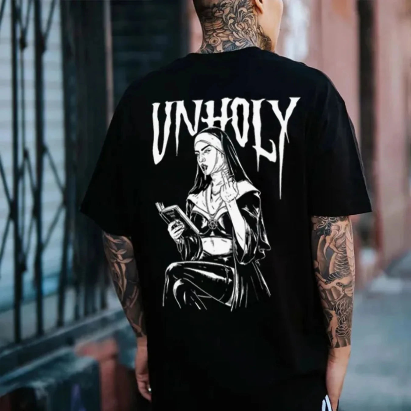 UNHOLY Tattooed Nun With Cross Necklace Graphic Black Print T-Shirt Gothic Sweatshirt  Hoodie Y2K Summer Oversized Man