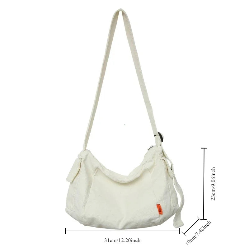 Female Canvas Fabric Hobo Soft Slouchy Shoulder Bag Y2K Student Leisure Medium Size School Book Laptop Pouch Messenger Side Bag