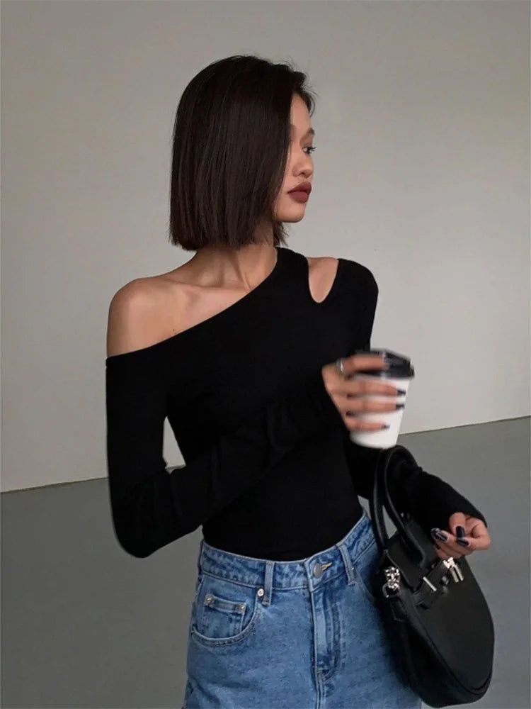 Asymmetrical Off-Shoulder Neck T-Shirt – Slim Fit Cutout Crop Top