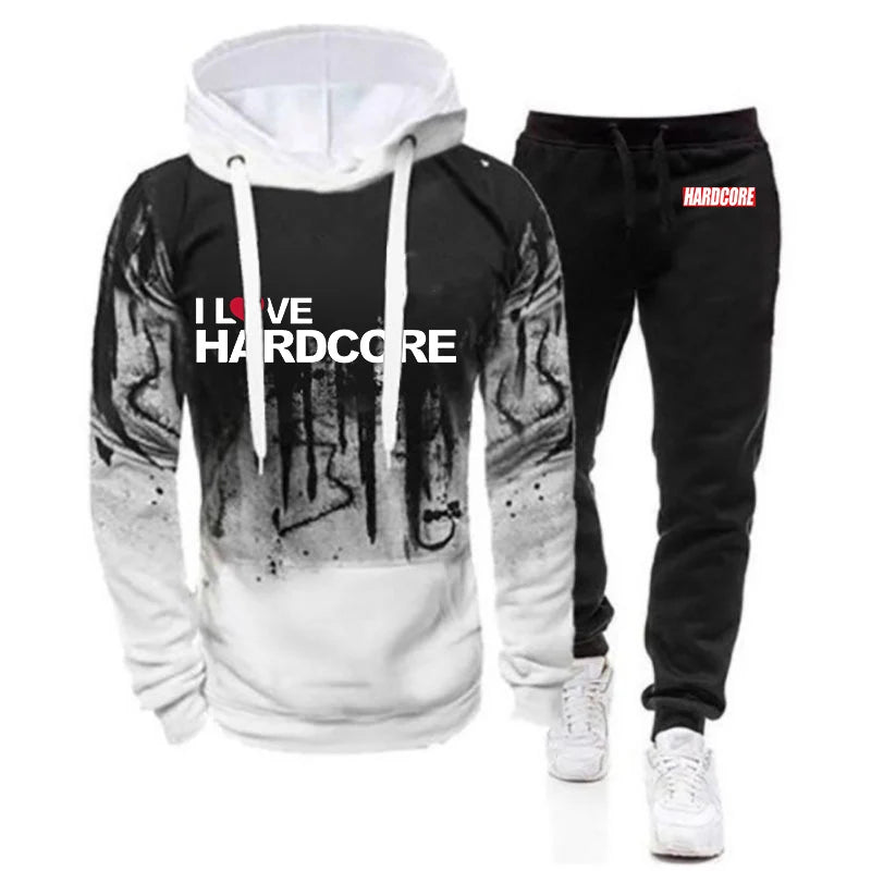 Hardcore Men's New Spring and Autumn Casual Printing Pullover Hoodie + Sweatpants Harajuku Gradient Color Two Piece Suit