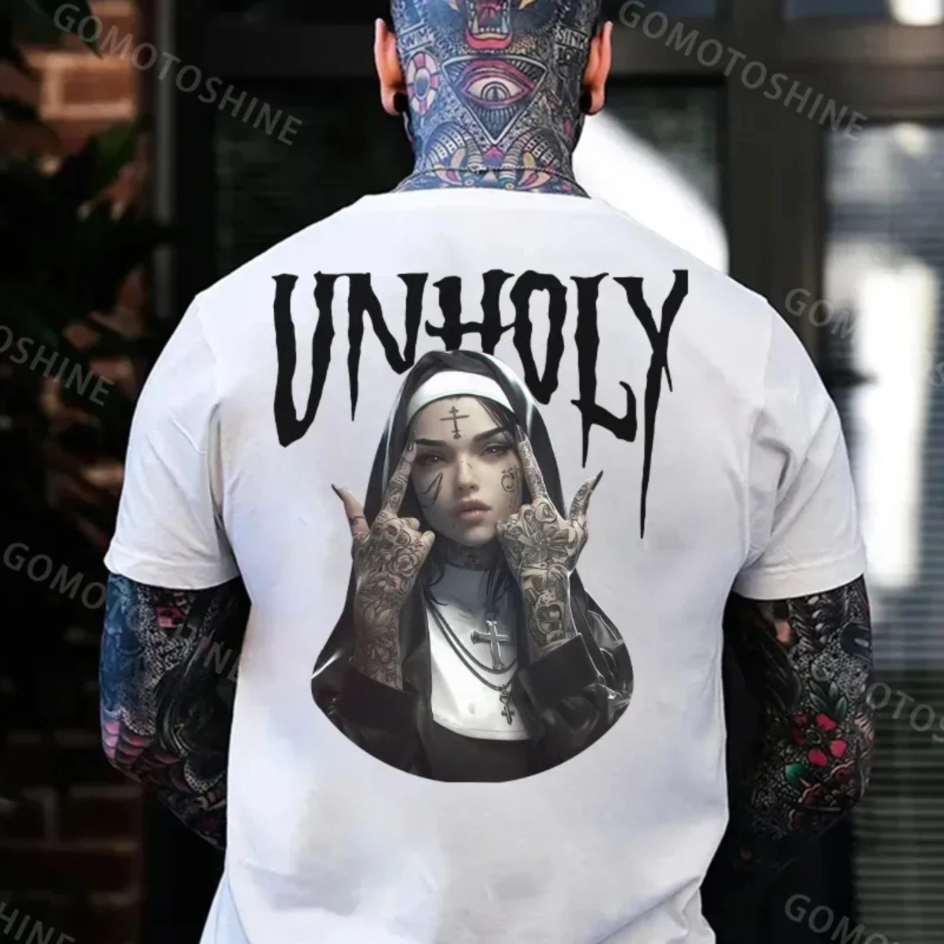 UNHOLY Tattooed Nun With Cross Necklace Graphic Black Print T-Shirt Gothic Sweatshirt  Hoodie Y2K Summer Oversized Man