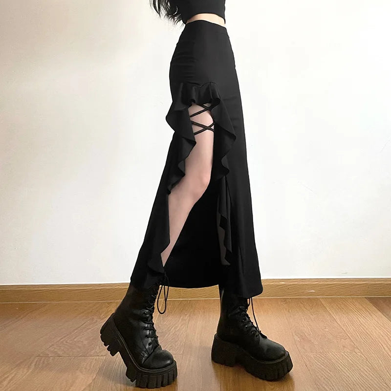 Jupe fendue lacée femme – Coupe ajustée, Longueur cheville, Style chic décontracté