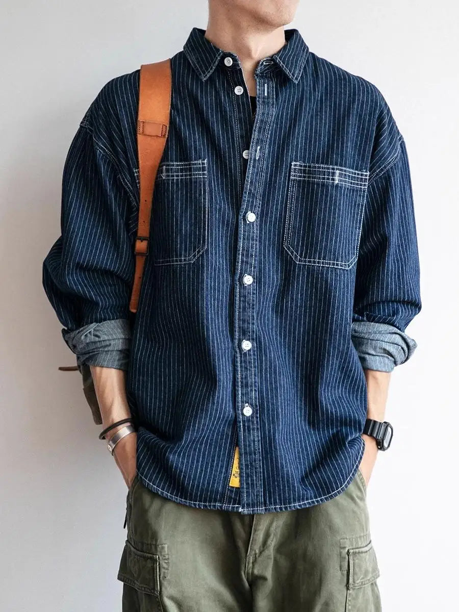 Retro Striped Loose Fit Long Sleeve Collared Men's Denim Shirt Spring Fashion Workwear Jacket Youthful Wear Resistant Chinese...