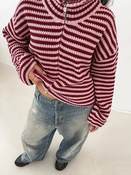 Casual Turtleneck Knitted Ribbed Women Sweater Loose Full Sleeve Zippers Cardigan 2026 Spring Fashion Lady Minimalist Outerwear
