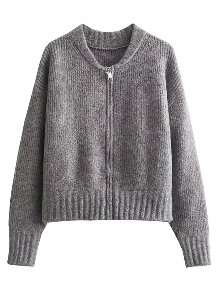 Casual Turtleneck Knitted Ribbed Women Sweater Loose Full Sleeve Zippers Cardigan 2026 Spring Fashion Lady Minimalist Outerwear