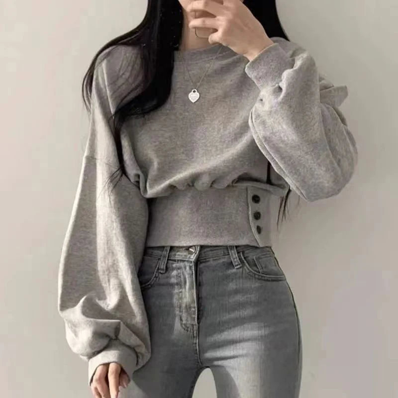 Women's Crop Top with Round Neck and Lantern Sleeves – Korean Streetwear Style