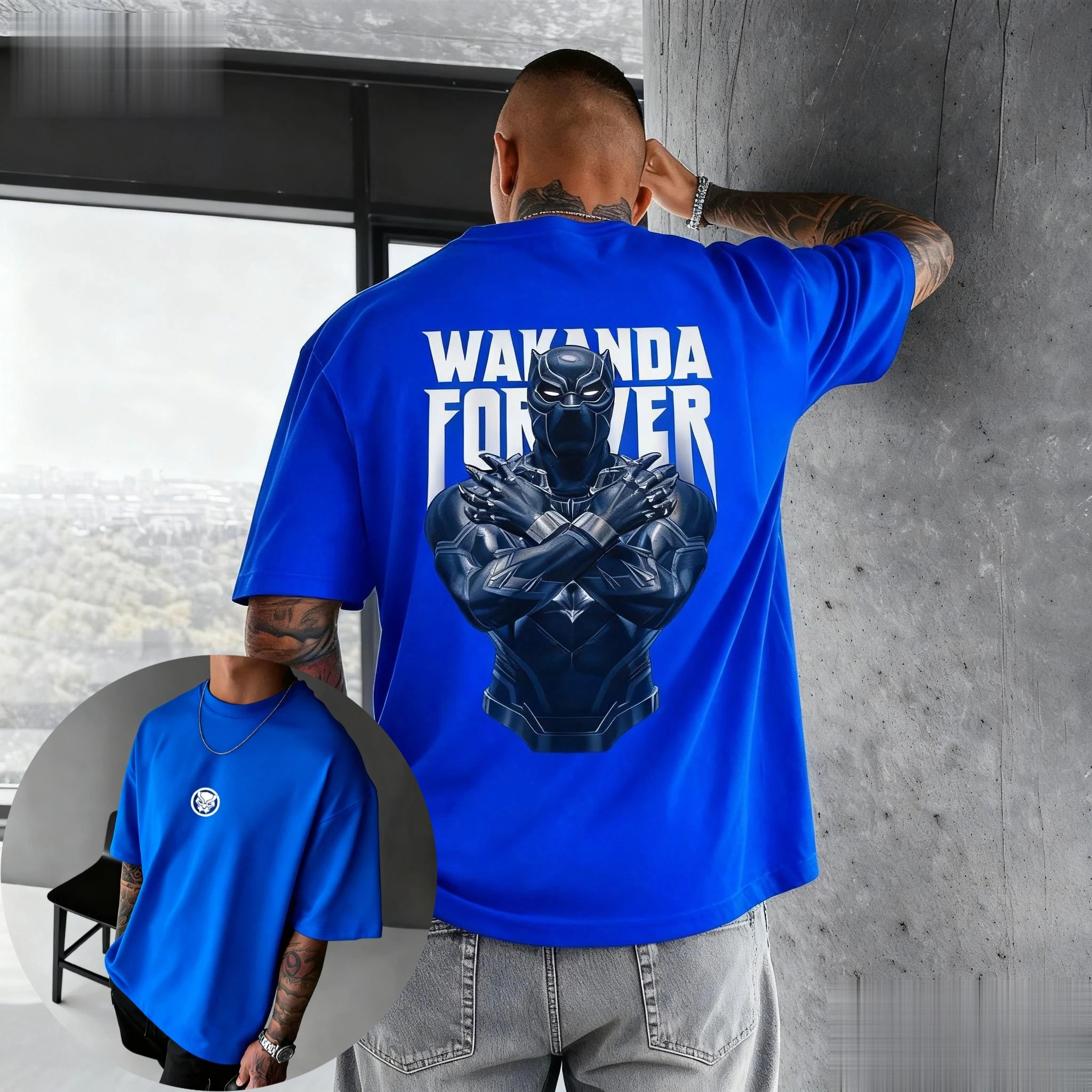 The Man's Multi-color T-shirt with Black Panther Pattern and Striped Background Design Is A Surprising Casual Streetwear