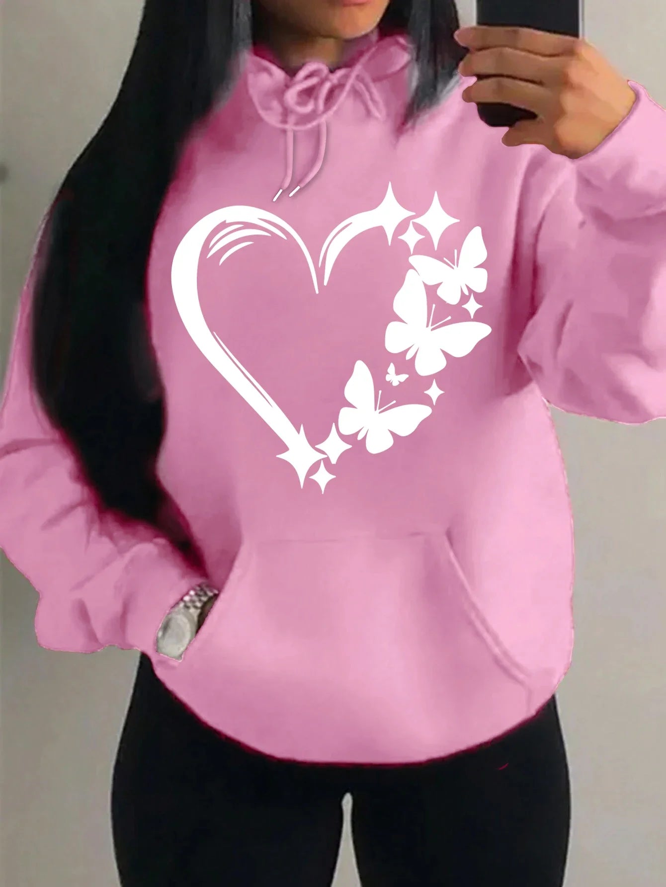 Sweat à capuche Femme Motif Amour et Papillon Hip Hop Streetwear Poches Vêtements Rétro Multicolore
