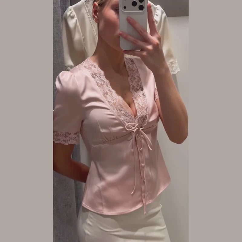 Women's V-Neck Lace Blouse – Button and Lace-Up Spring/Summer 2025