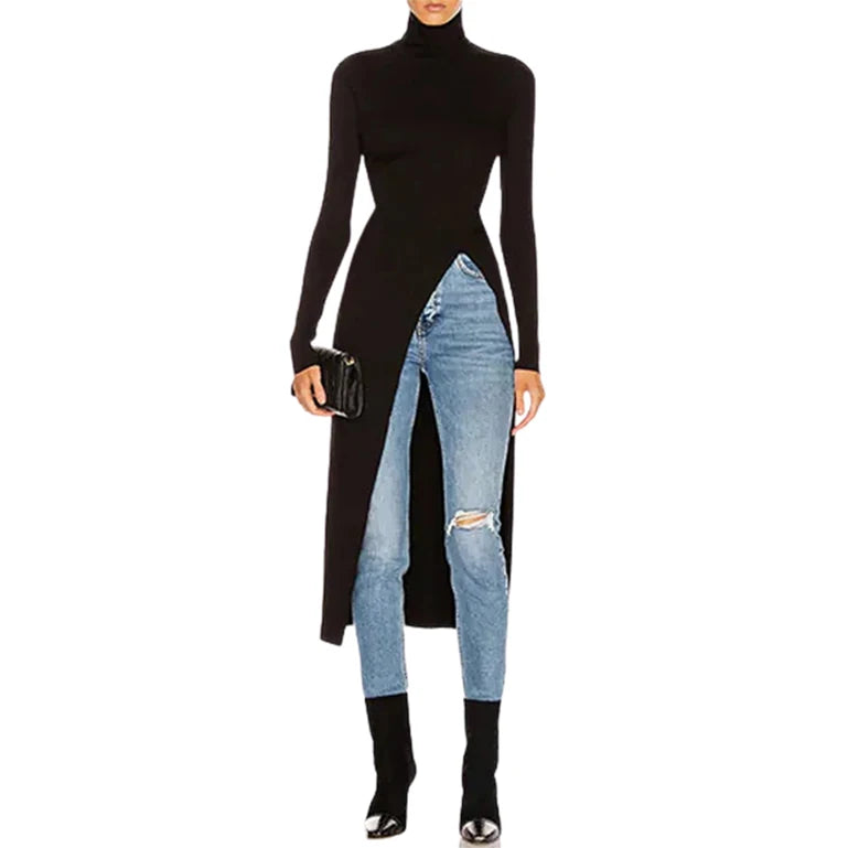 Asymmetrical High Neck T-Shirt with Side Slit – Slim Fit Long Sleeve Top