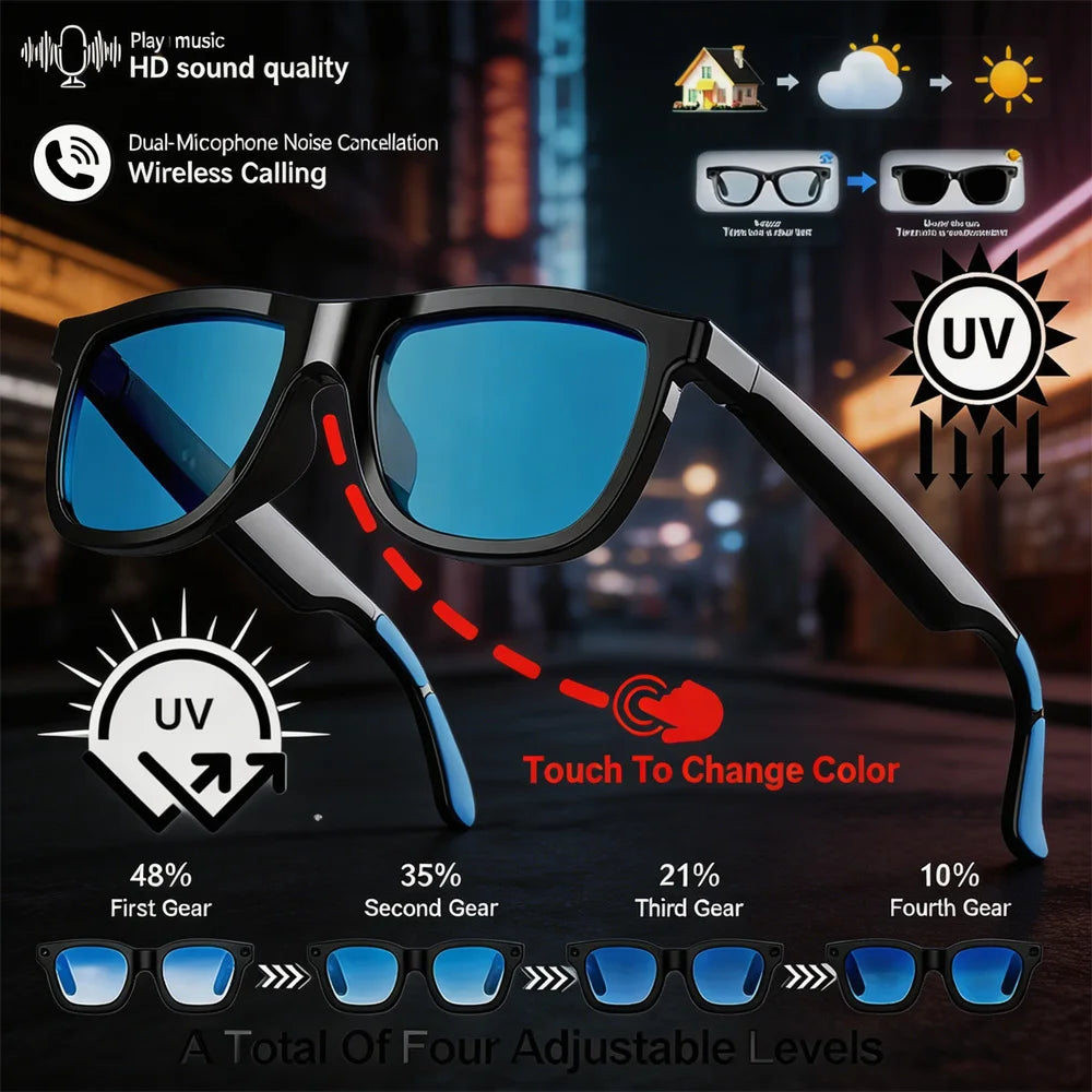Nouvelles Lunettes Audio Intelligentes Bluetooth Lunettes de Soleil Commande Tactile Verres Photochromiques Double Micro Annulation du Bruit Son Clair Appels Mains Libres