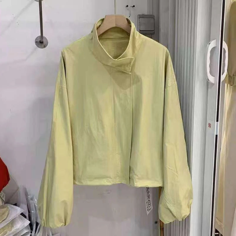 Women's Short Trench Coats Fashion Simple Design Solid Stand Long Sleeve Zipper Windbreaker 2025 Autumn New Casual Lady Jacket