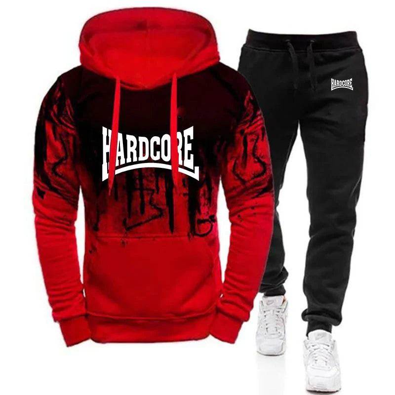 Hardcore Men's New Spring and Autumn Casual Printing Pullover Hoodie + Sweatpants Harajuku Gradient Color Two Piece Suit