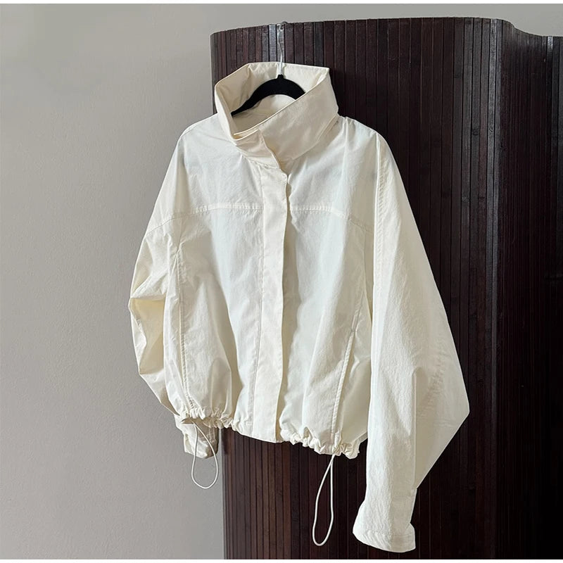 Women's Short Trench Coats Fashion Simple Design Solid Stand Long Sleeve Zipper Windbreaker 2025 Autumn New Casual Lady Jacket
