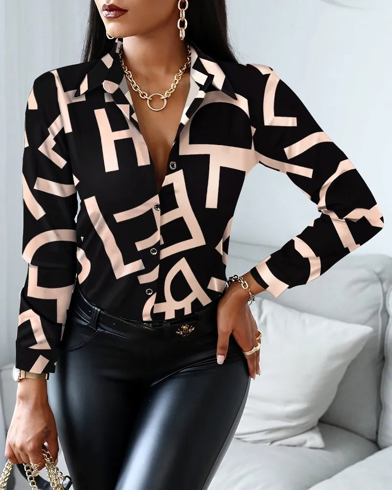 Elegant Women's Fashion Blouse 2026 Spring/Summer Digital Print Shirt Commuter Slim Fit Office Female Tops