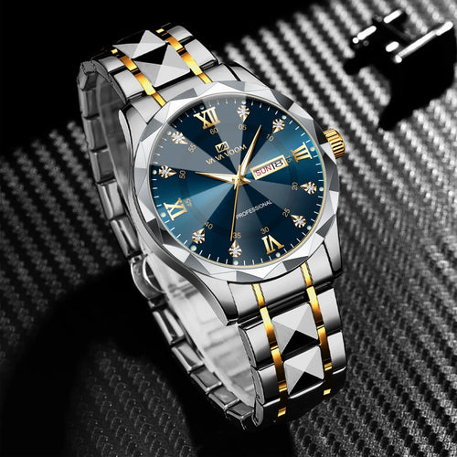 2026 New Men's Watch Fashion Rivet Stainless Steel Strap Luxury Water Diamond Diamond Luminous Blue Gold Dial Business Men Watch