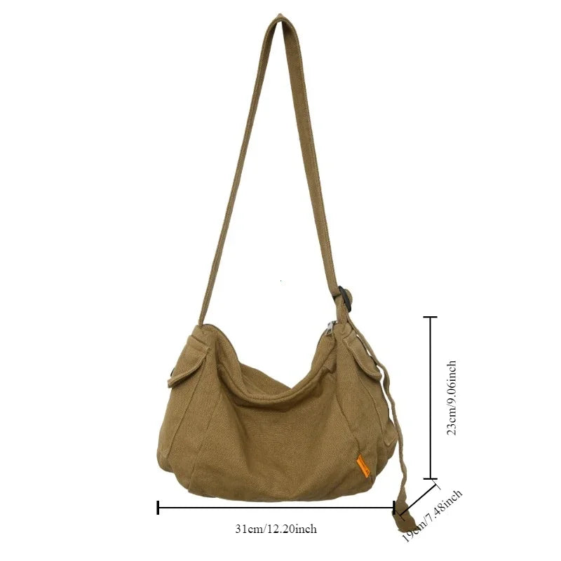 Female Canvas Fabric Hobo Soft Slouchy Shoulder Bag Y2K Student Leisure Medium Size School Book Laptop Pouch Messenger Side Bag
