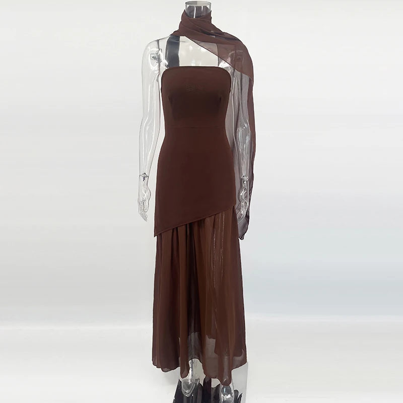 Tornova 2025 Nouvelle robe bustier avec ruban élégante sans manches en maille pour femme, longue robe de plage pour les vacances, mode printemps femme