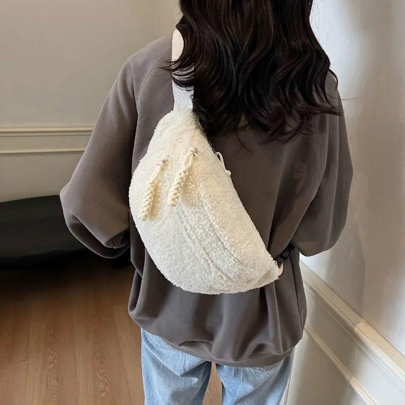 Women's Casual Solid Color Plush Material Chest Bag, Fashionable Daily Commuting Waist Bag, Plush Crossbody Shoulder Bag