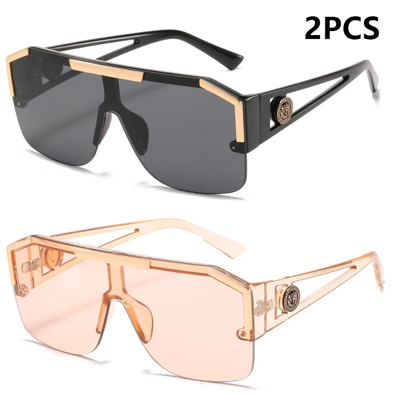 2PCS New Lion Head Integrated Sunglasses Trendy Large Frame Sunglasses Female Personalized Hollow Leg Sunglasses 6922
