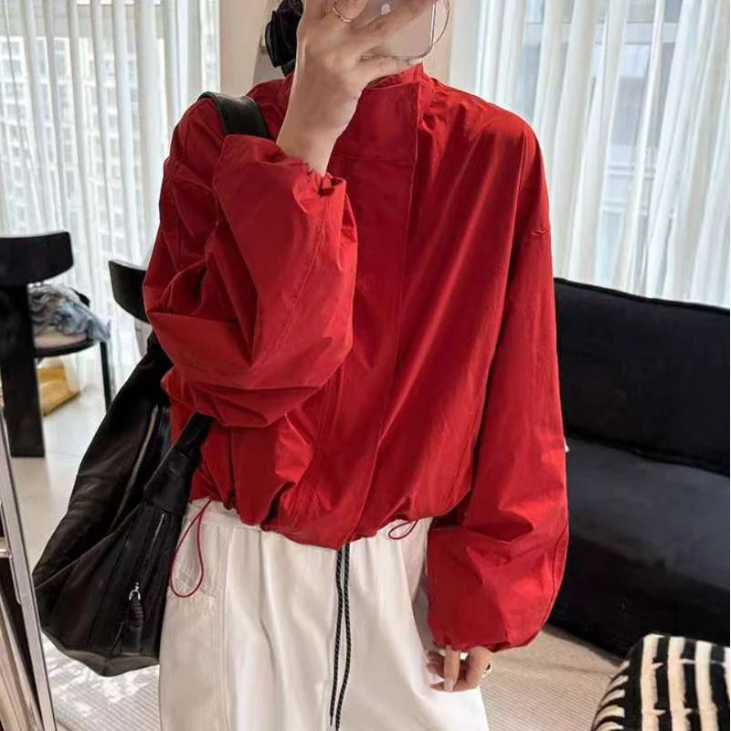 Women's Short Trench Coats Fashion Simple Design Solid Stand Long Sleeve Zipper Windbreaker 2025 Autumn New Casual Lady Jacket