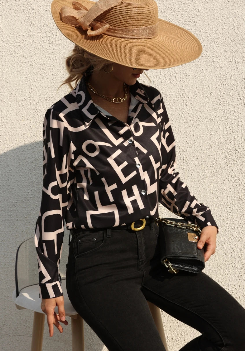 Elegant Women's Fashion Blouse 2026 Spring/Summer Digital Print Shirt Commuter Slim Fit Office Female Tops