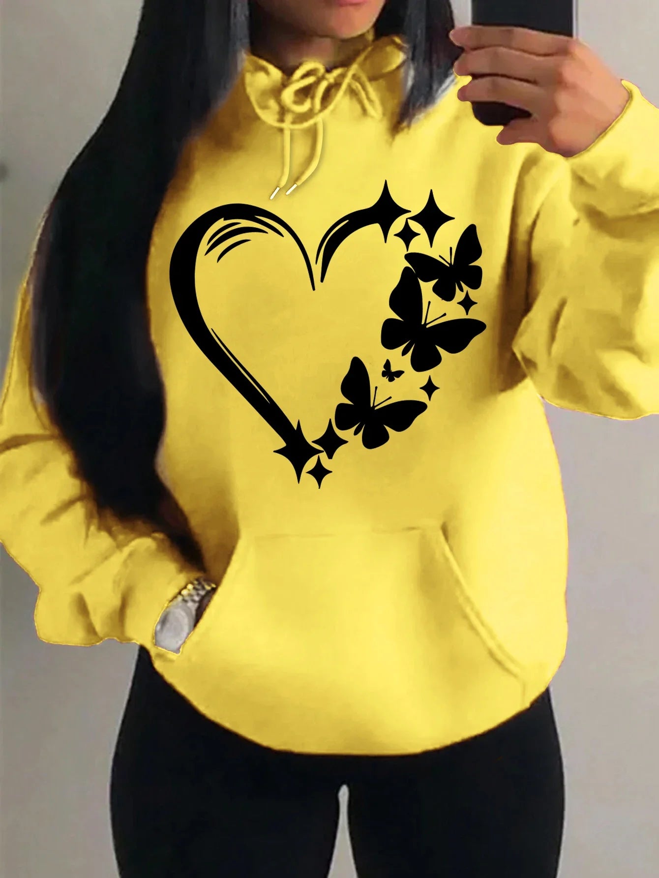 Sweat à capuche Femme Motif Amour et Papillon Hip Hop Streetwear Poches Vêtements Rétro Multicolore