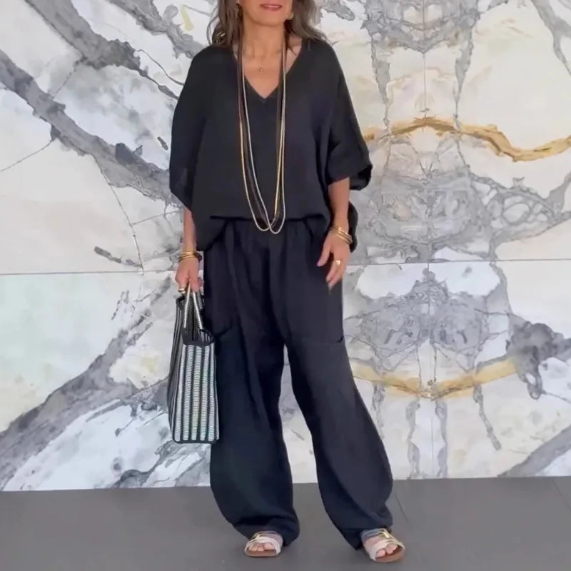 Ensemble Femme Lin Coton Printemps Été - Top Col V Pantalon Large