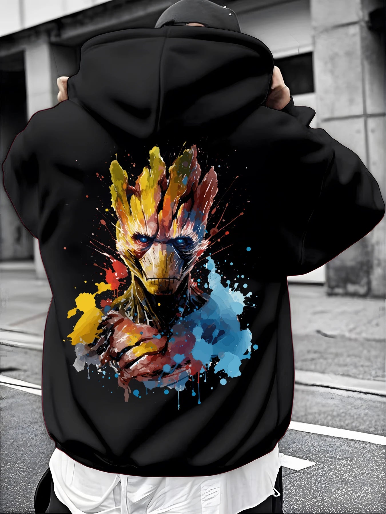 Men's Black Hoodie with Groot Print Guardians of The Galaxy Graphic Pullover 100% Cotton Casual Streetwear for Marvel Fans