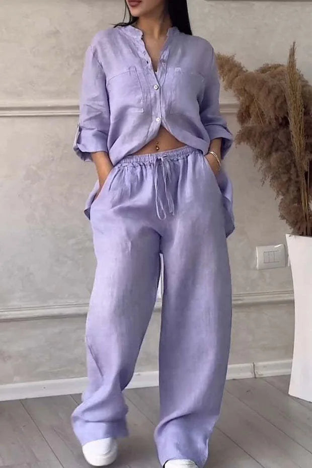Ensemble femme en lin et coton – Chemise col V manches longues + Pantalon large taille mi-haute